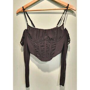 White Fox Black Corset Long Sheer Sleeve Crop Top Sz S Goth Sexy